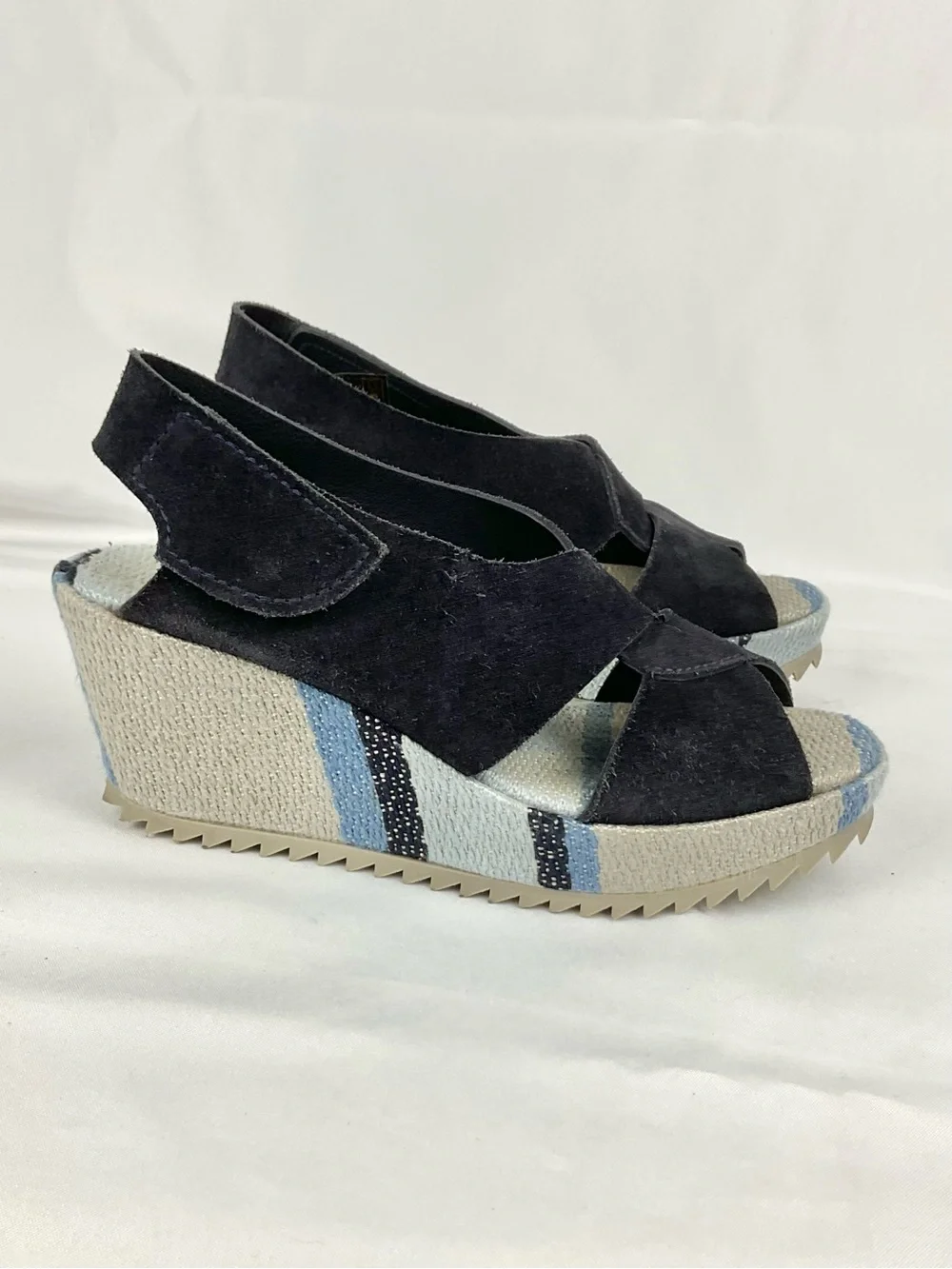 Pedro Garcia Navy Suede Wedge Sandals Fenen Espadrille Platform Sz 37.5